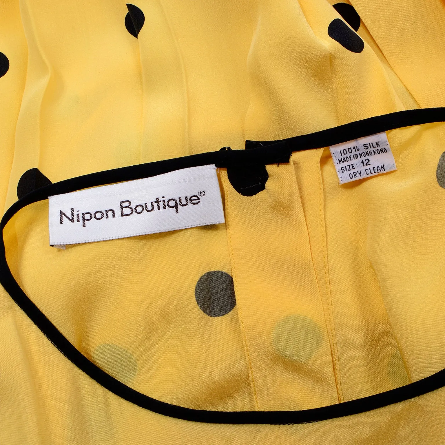 Nipon Boutique Vintage Yellow and Black Polka Dot Silk Dress