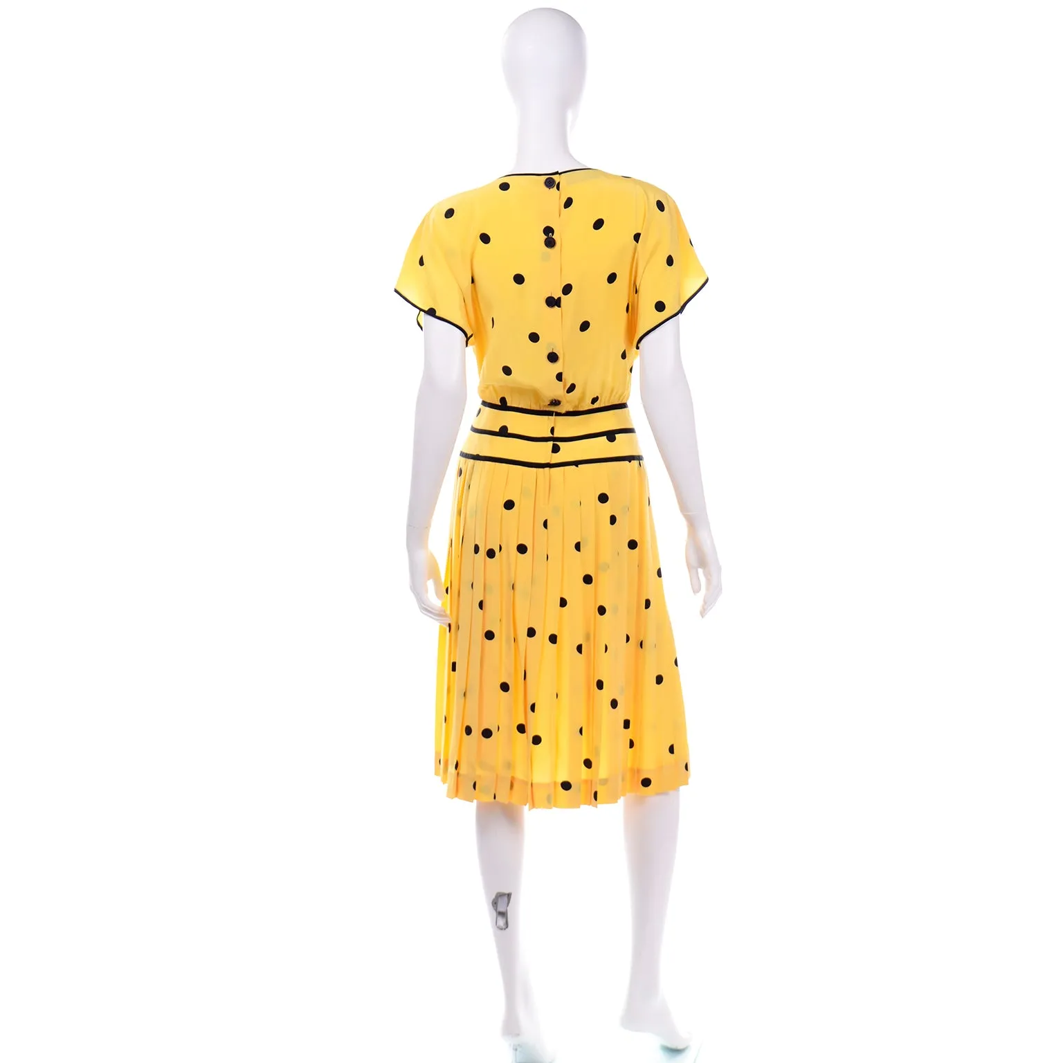 Nipon Boutique Vintage Yellow and Black Polka Dot Silk Dress