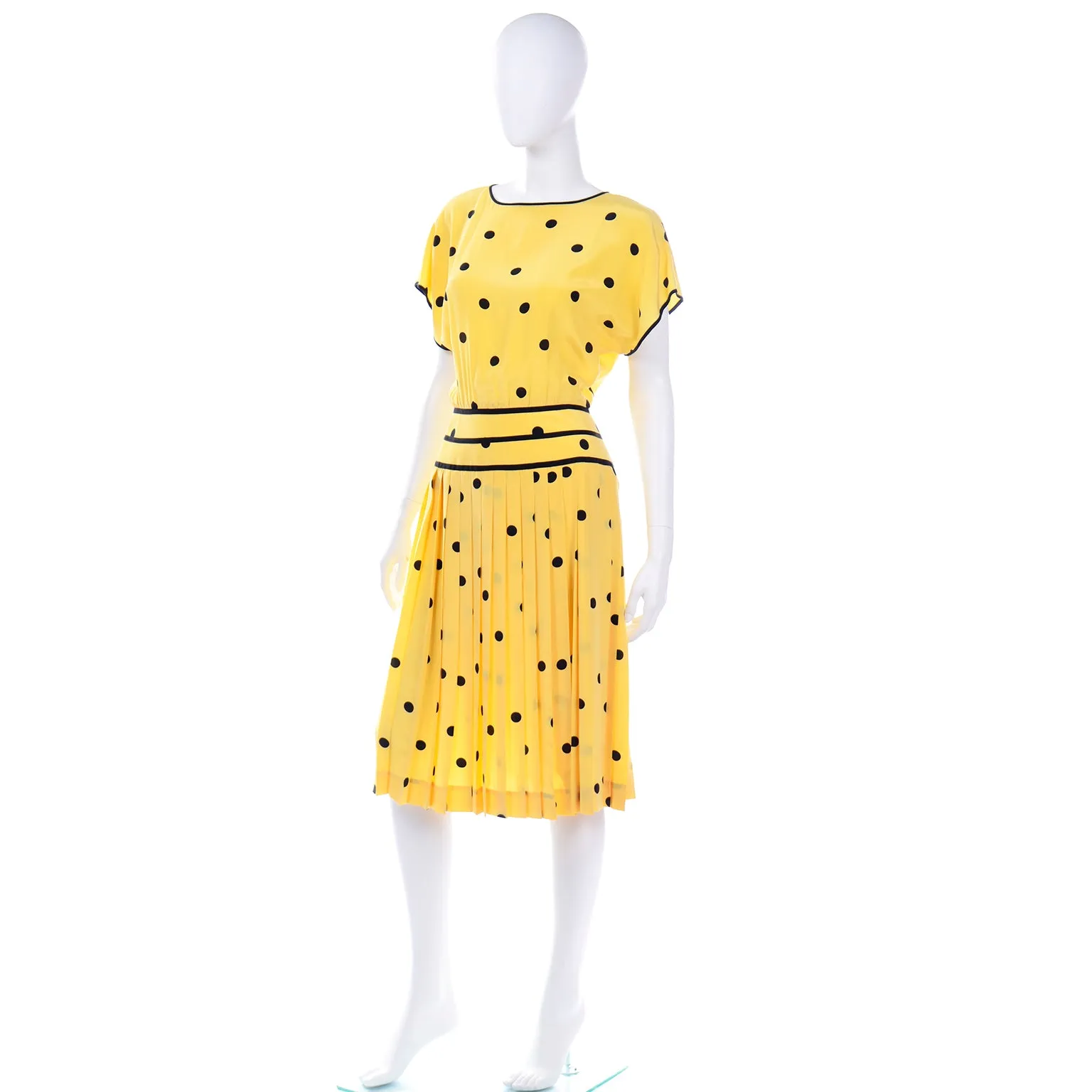 Nipon Boutique Vintage Yellow and Black Polka Dot Silk Dress