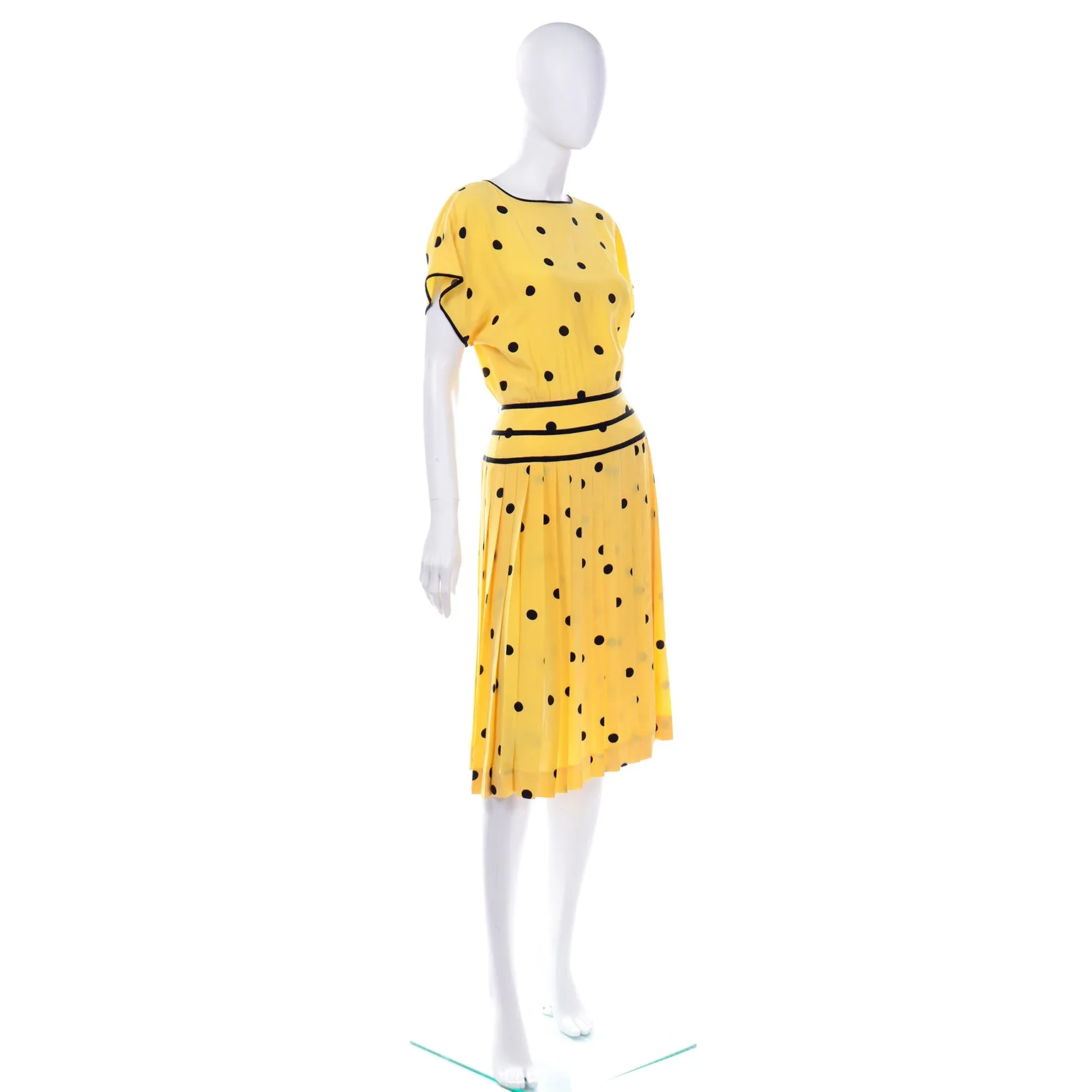 Nipon Boutique Vintage Yellow and Black Polka Dot Silk Dress