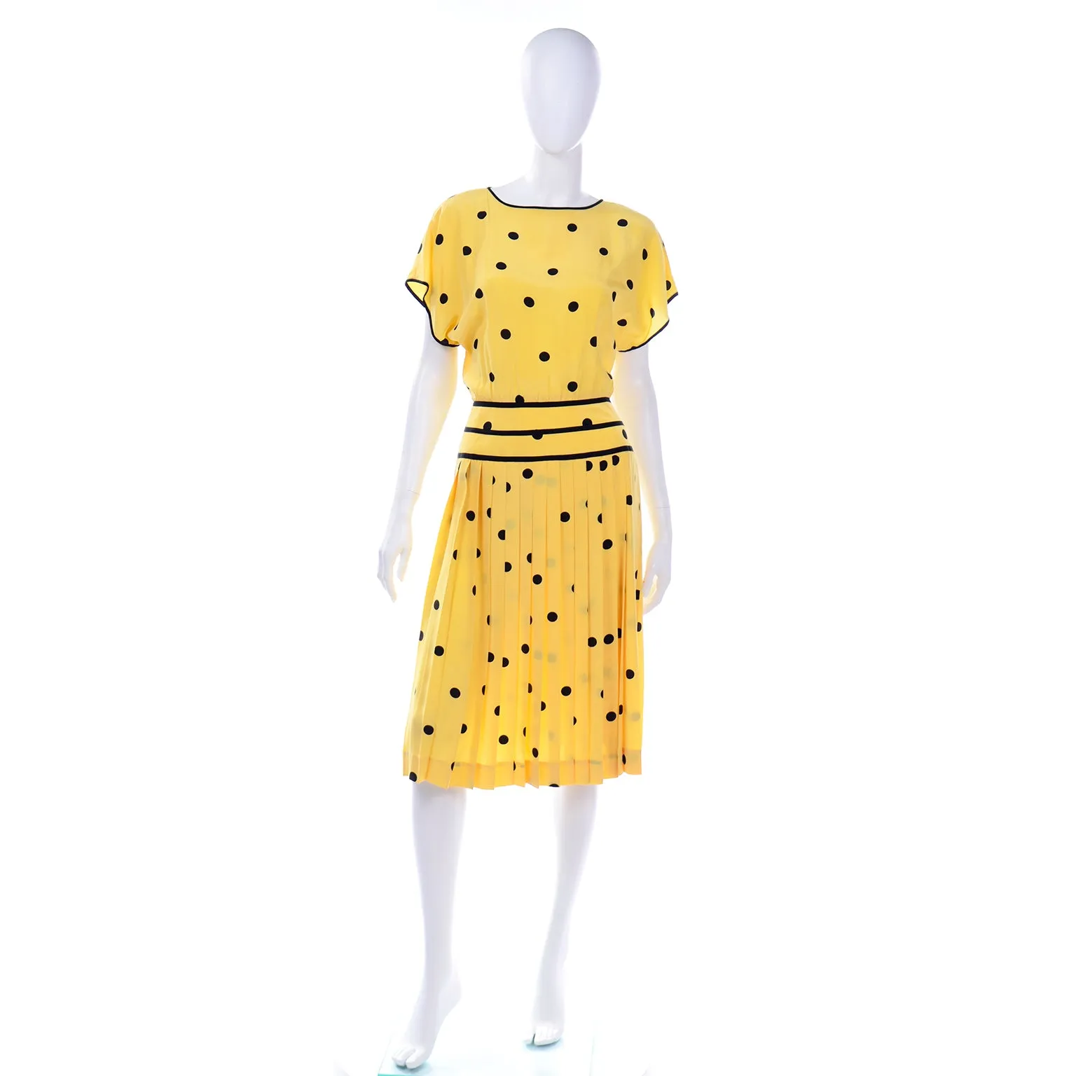 Nipon Boutique Vintage Yellow and Black Polka Dot Silk Dress