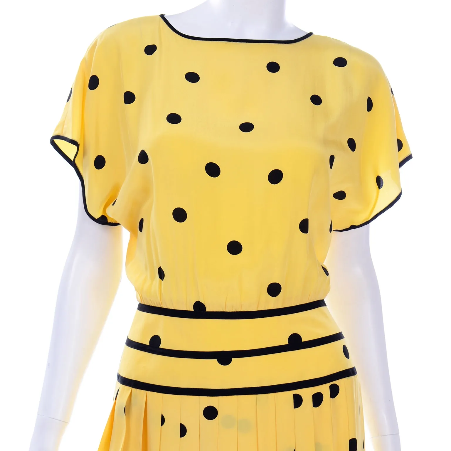 Nipon Boutique Vintage Yellow and Black Polka Dot Silk Dress