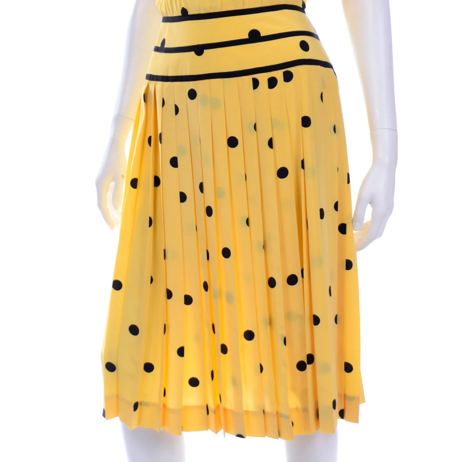 Nipon Boutique Vintage Yellow and Black Polka Dot Silk Dress