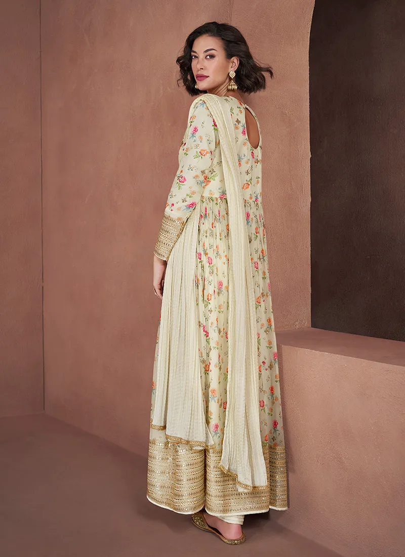 Off White Foil Mirror Embroidery Anarkali Pant Suit