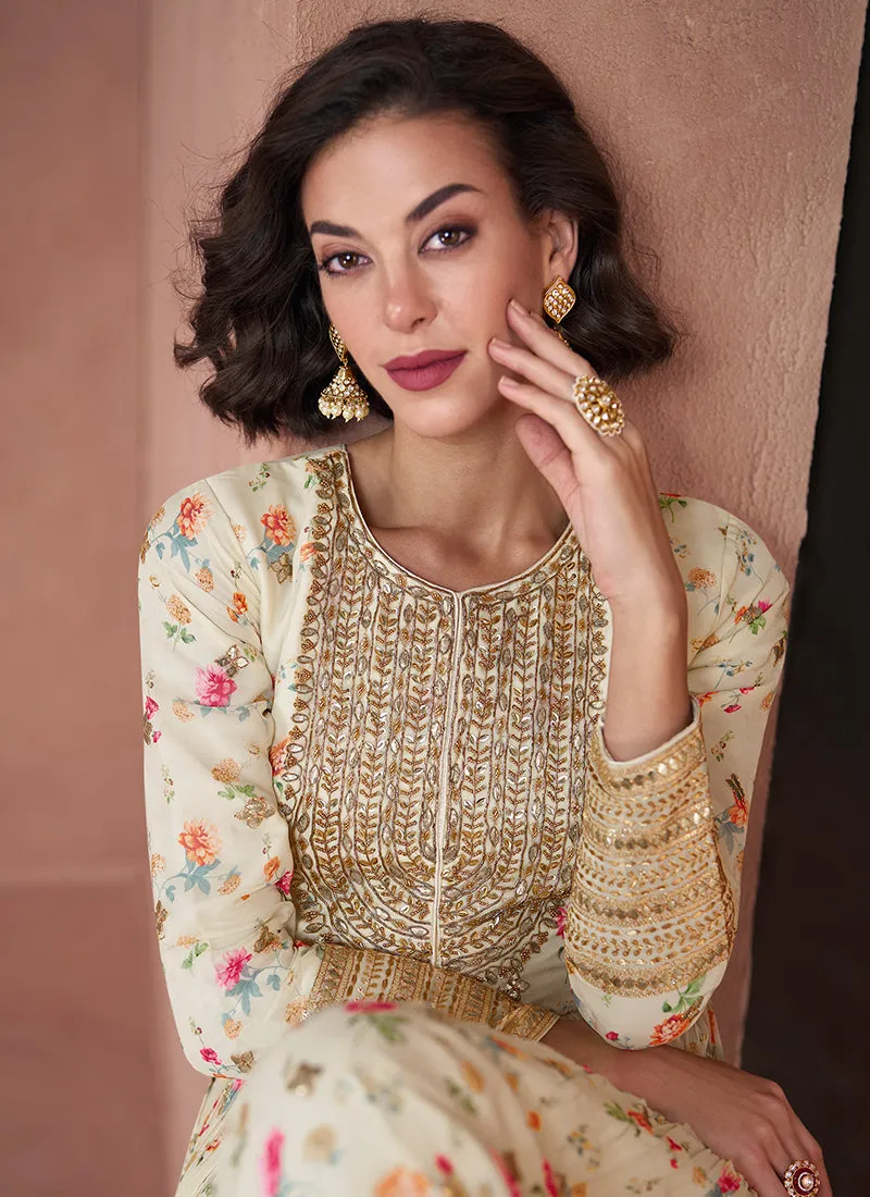 Off White Foil Mirror Embroidery Anarkali Pant Suit