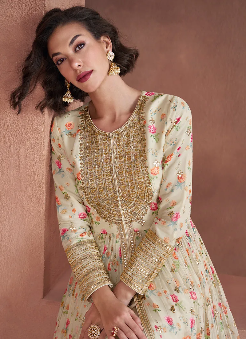 Off White Foil Mirror Embroidery Anarkali Pant Suit