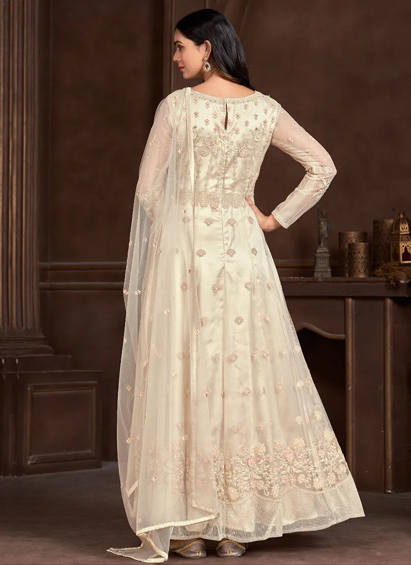 Off White Thread And Sequence Embroidery Net Anarkali Suit