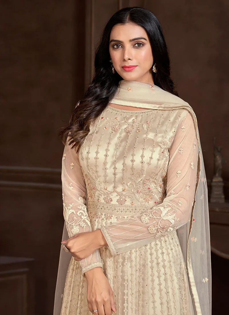 Off White Thread And Sequence Embroidery Net Anarkali Suit