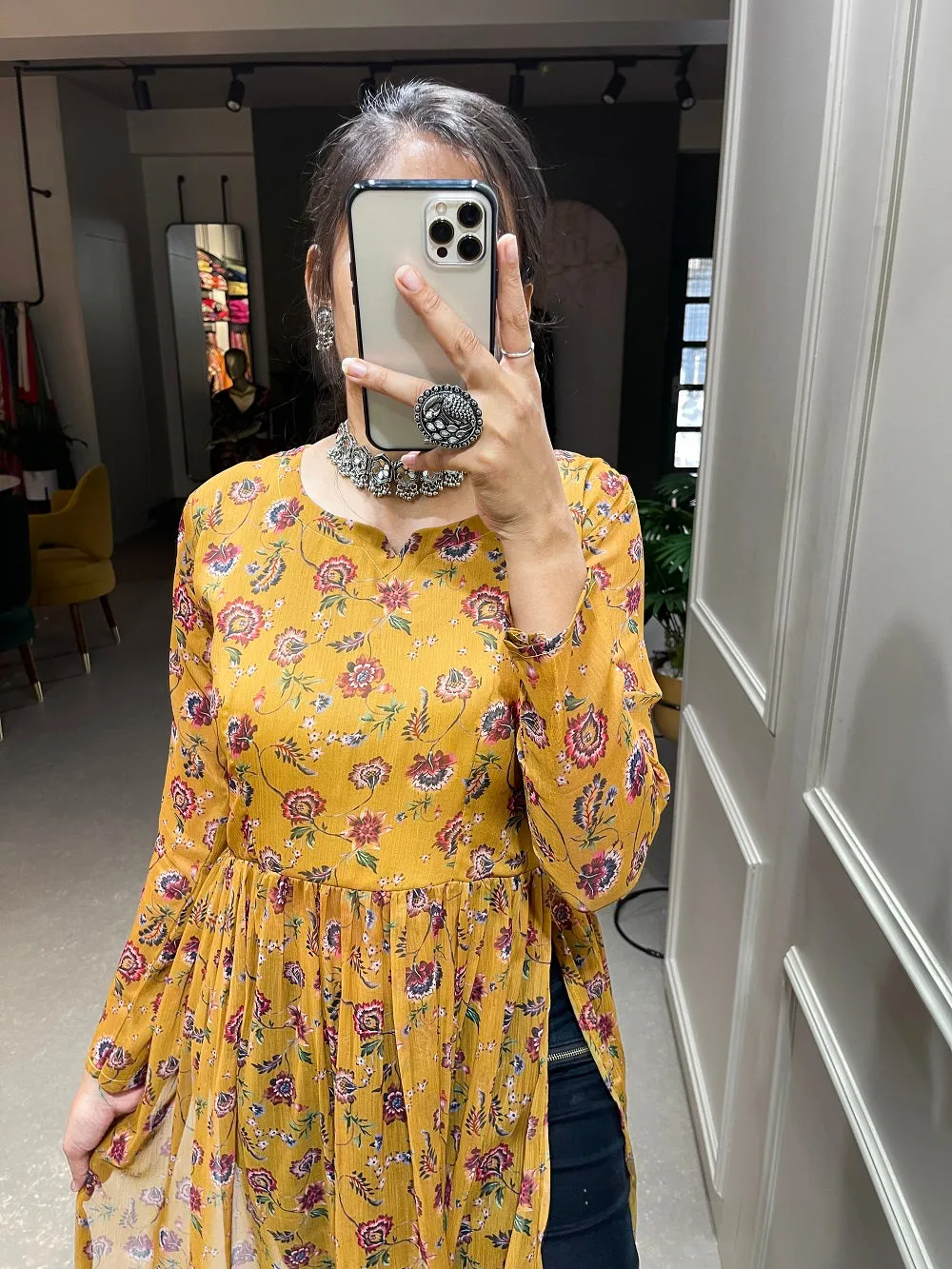 Peanut Color Floral Printed Chiffon Naira Cut Kurti