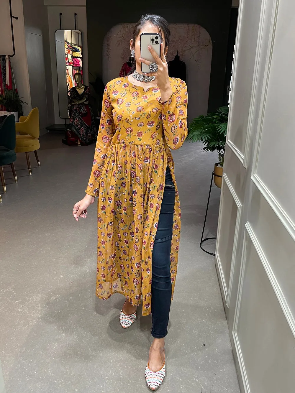 Peanut Color Floral Printed Chiffon Naira Cut Kurti