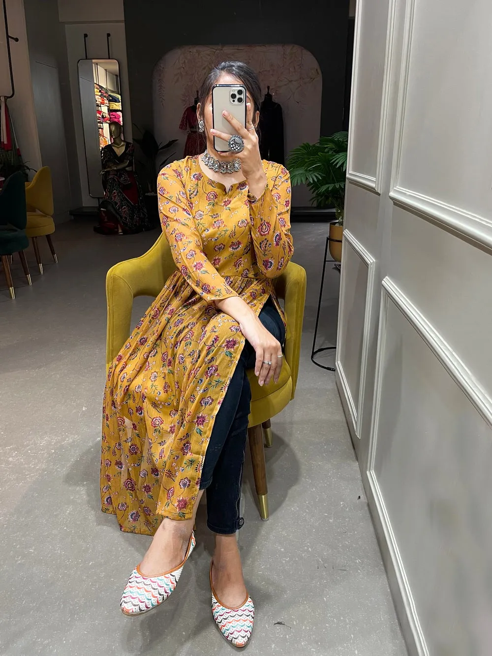 Peanut Color Floral Printed Chiffon Naira Cut Kurti