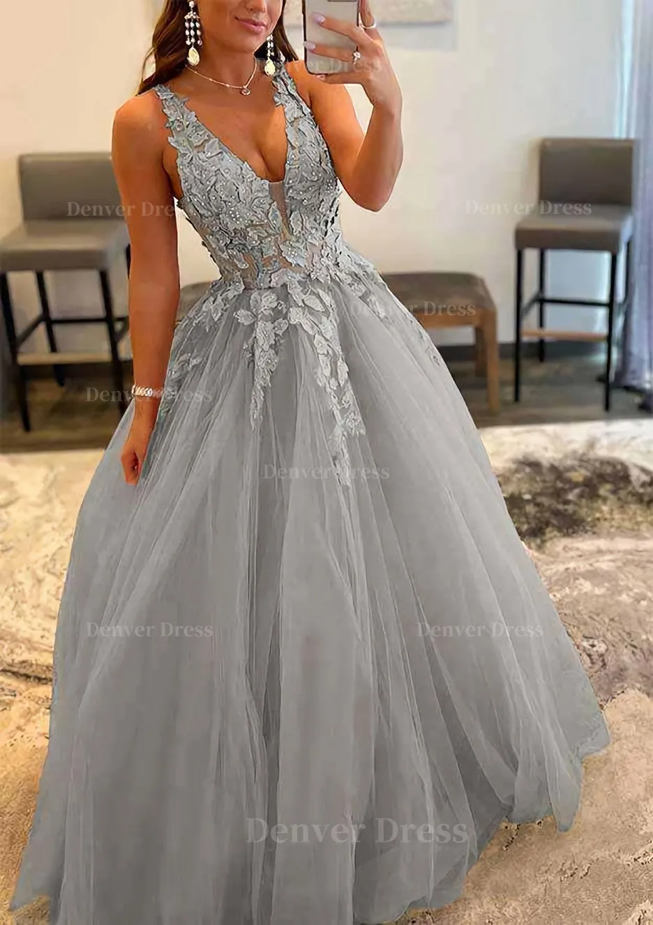 Princess A-line V Neck Sleeveless Sweep Train Tulle Prom Dress With Appliqued Beading