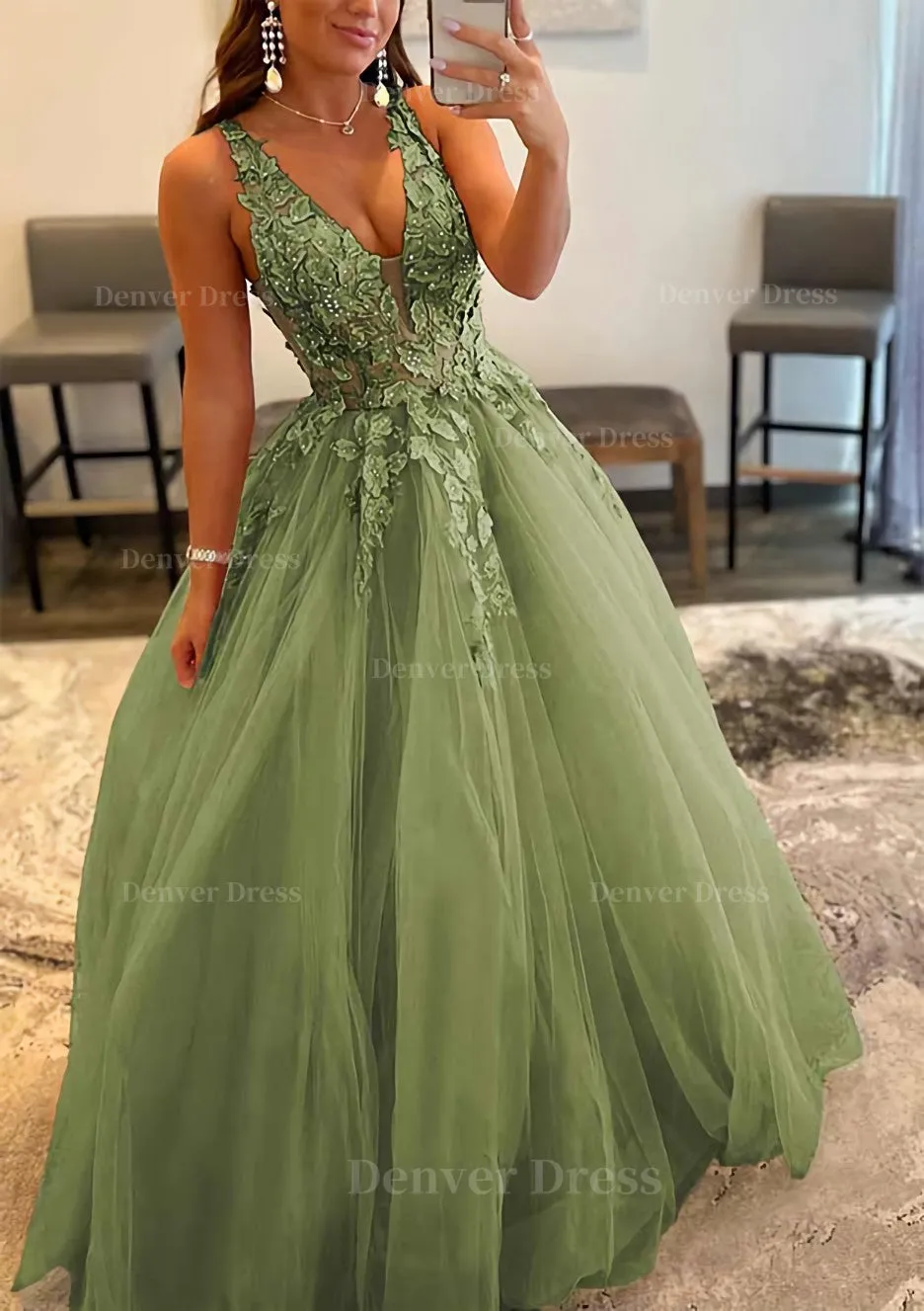 Princess A-line V Neck Sleeveless Sweep Train Tulle Prom Dress With Appliqued Beading