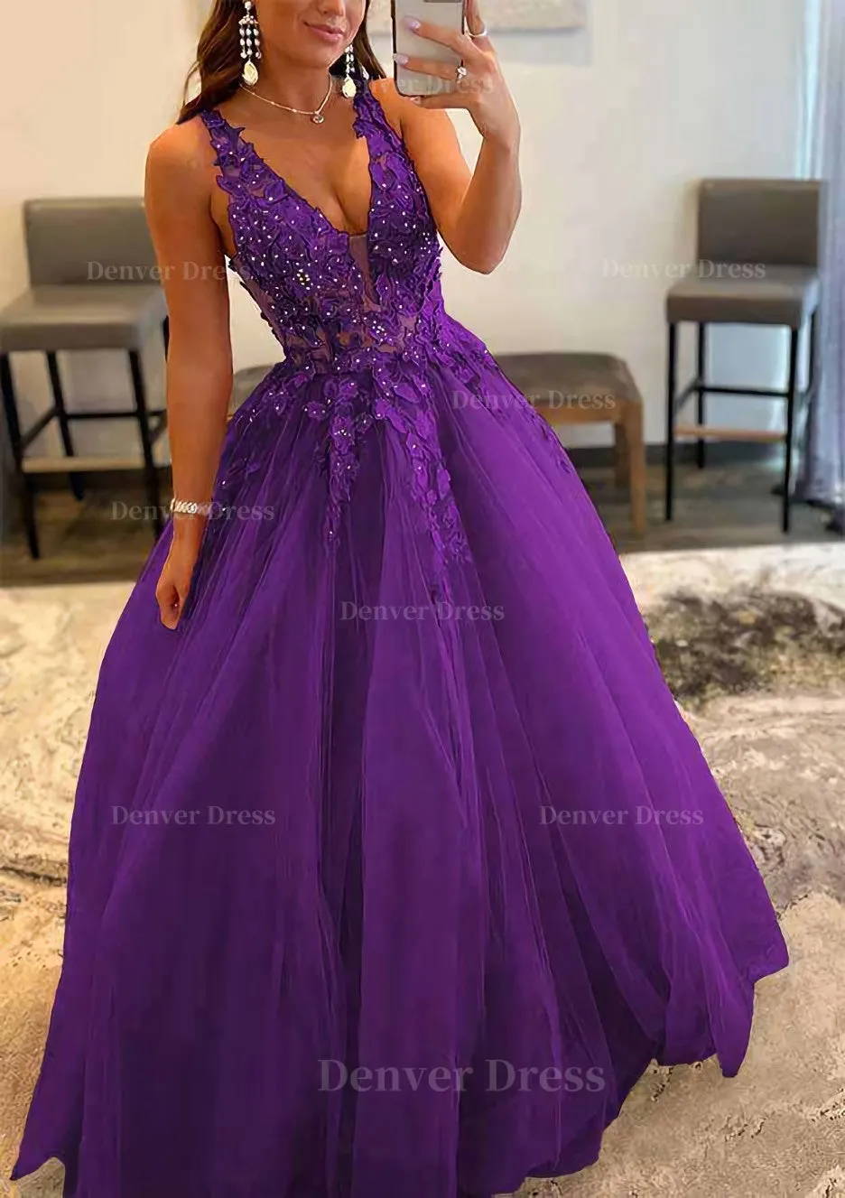 Princess A-line V Neck Sleeveless Sweep Train Tulle Prom Dress With Appliqued Beading
