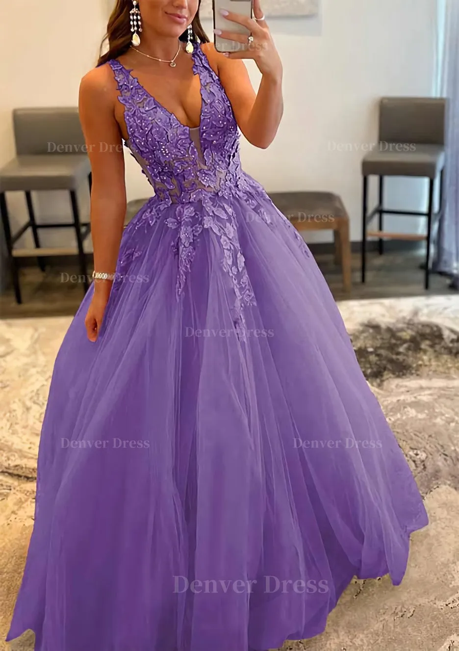 Princess A-line V Neck Sleeveless Sweep Train Tulle Prom Dress With Appliqued Beading