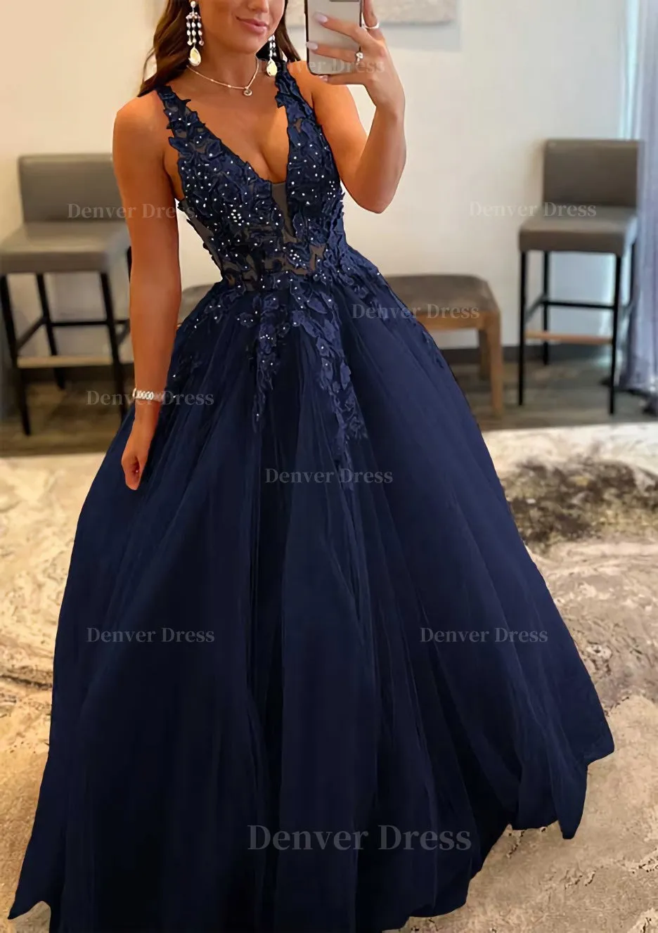 Princess A-line V Neck Sleeveless Sweep Train Tulle Prom Dress With Appliqued Beading