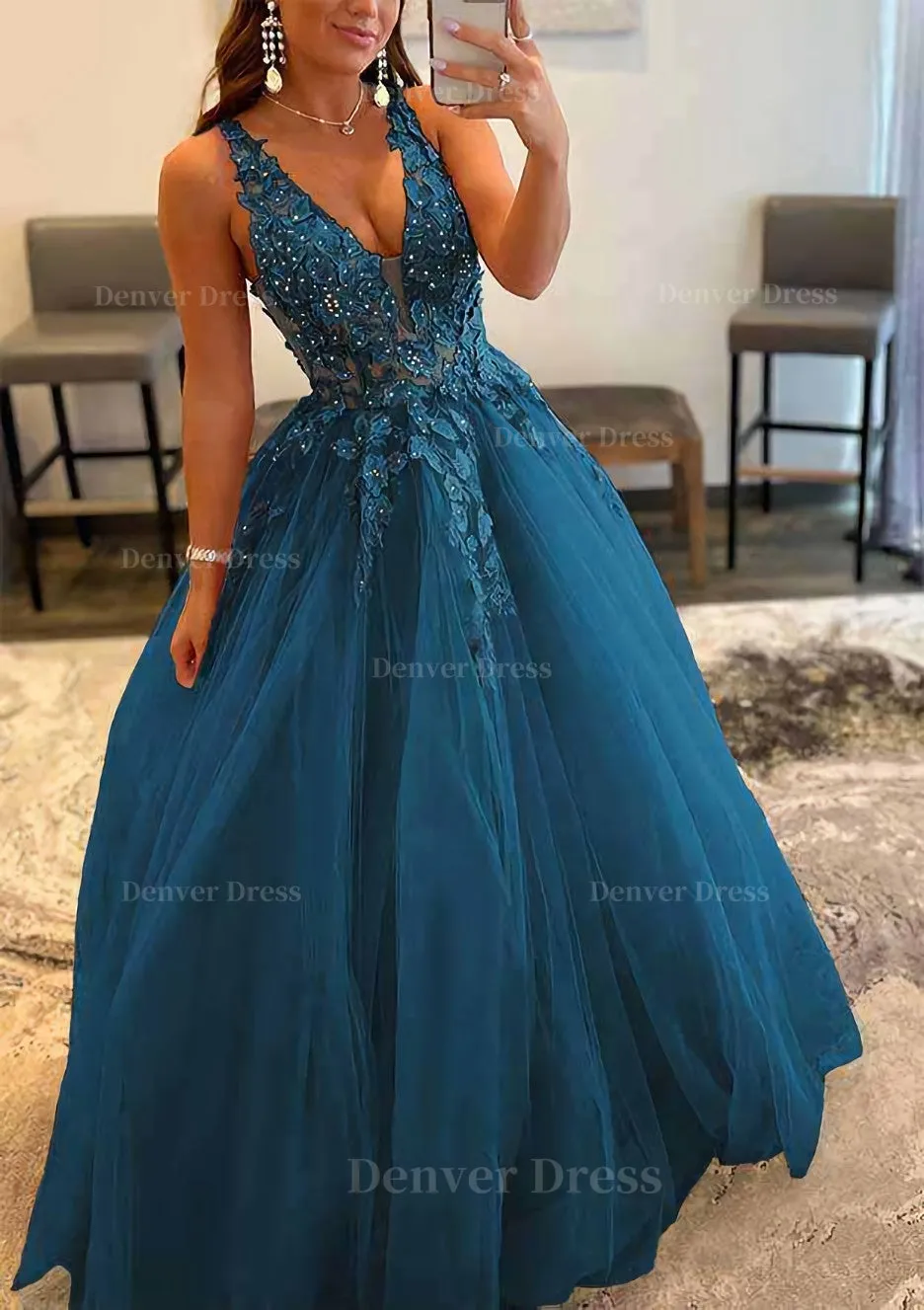 Princess A-line V Neck Sleeveless Sweep Train Tulle Prom Dress With Appliqued Beading