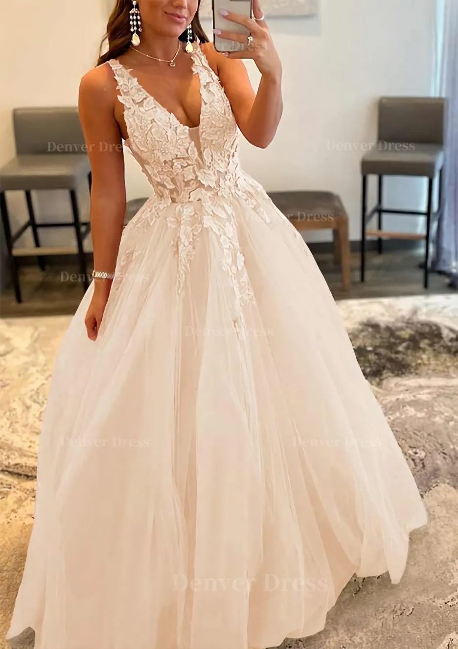 Princess A-line V Neck Sleeveless Sweep Train Tulle Prom Dress With Appliqued Beading