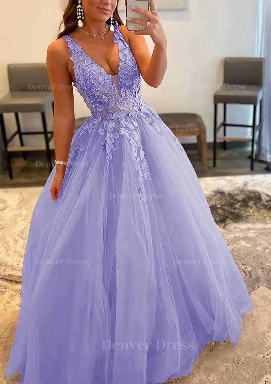 Princess A-line V Neck Sleeveless Sweep Train Tulle Prom Dress With Appliqued Beading