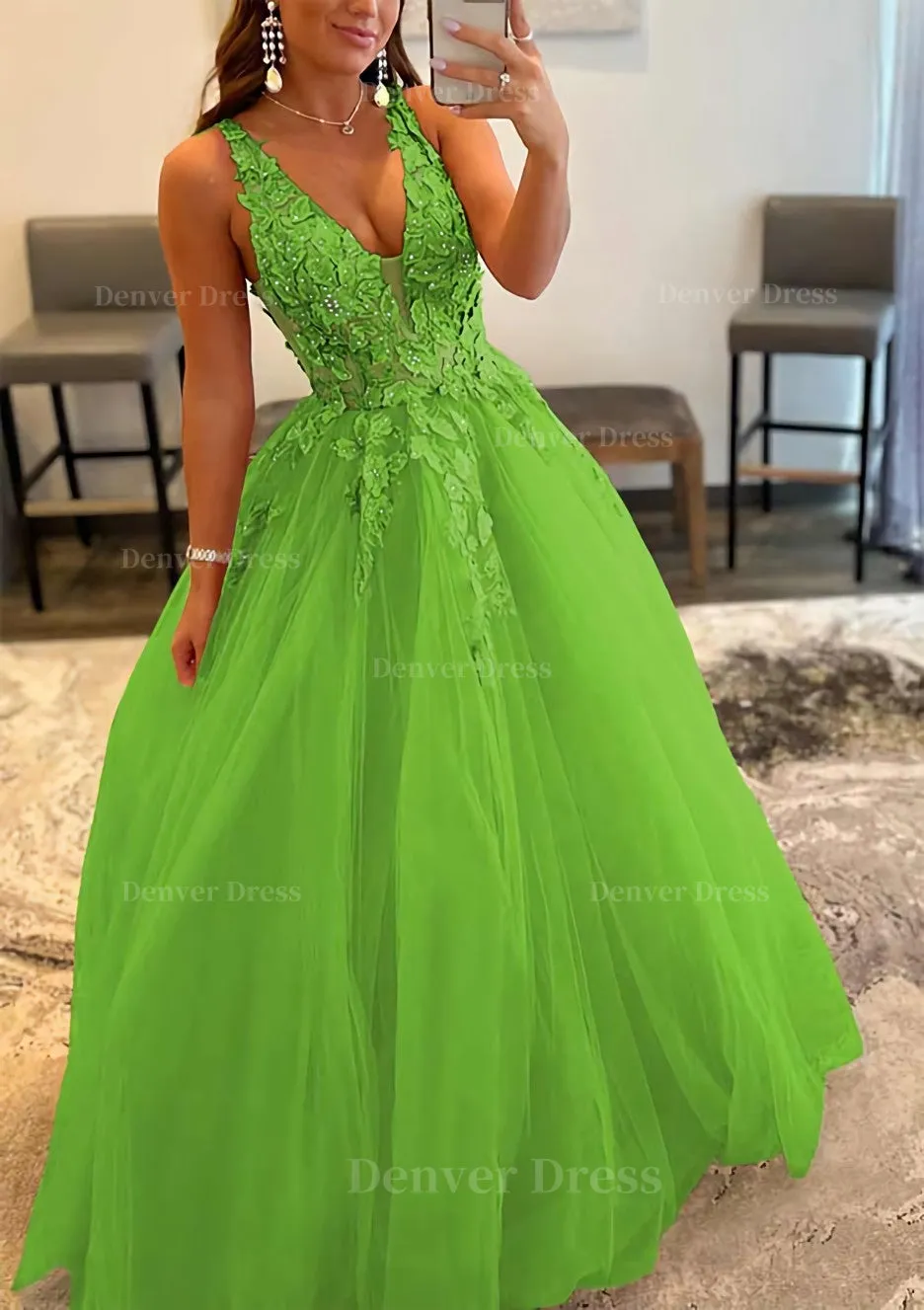 Princess A-line V Neck Sleeveless Sweep Train Tulle Prom Dress With Appliqued Beading