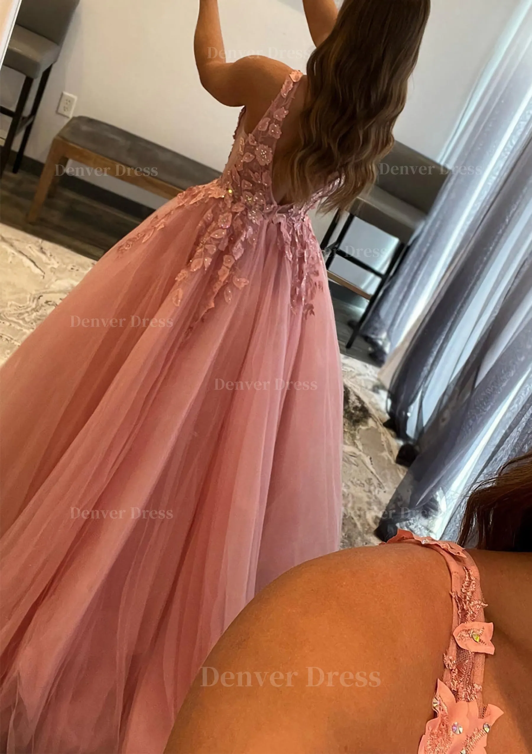 Princess A-line V Neck Sleeveless Sweep Train Tulle Prom Dress With Appliqued Beading