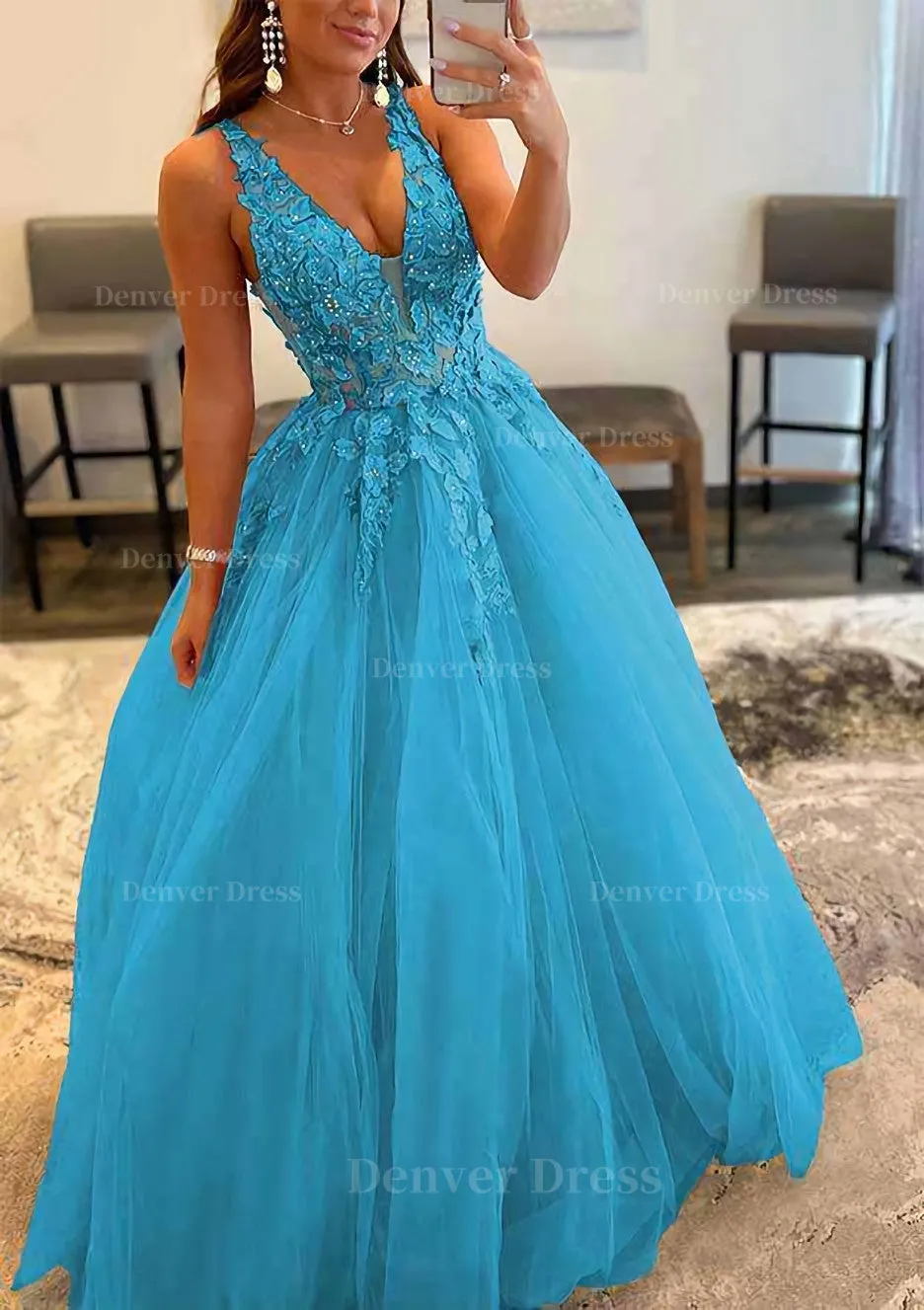 Princess A-line V Neck Sleeveless Sweep Train Tulle Prom Dress With Appliqued Beading