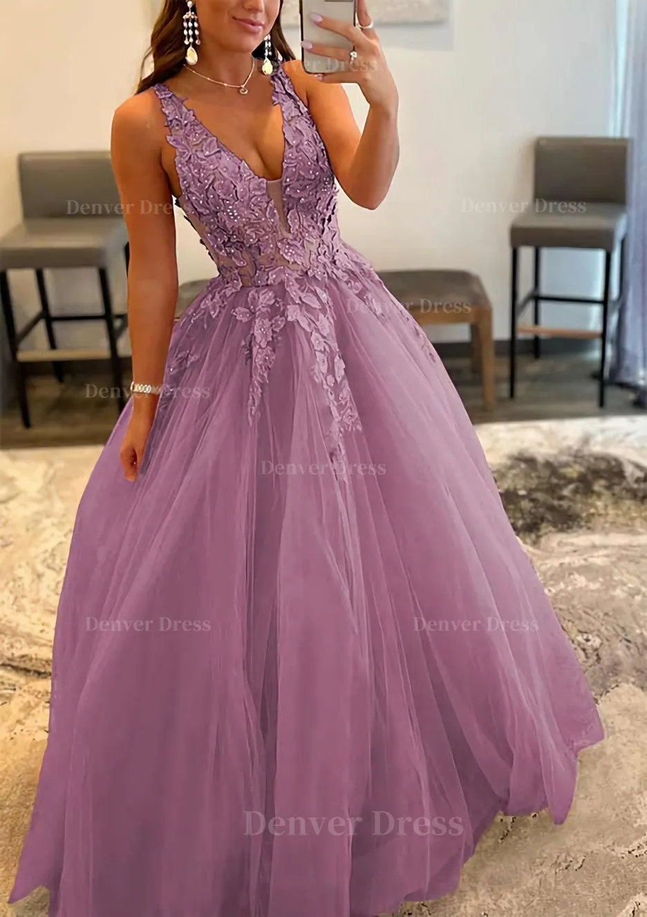 Princess A-line V Neck Sleeveless Sweep Train Tulle Prom Dress With Appliqued Beading