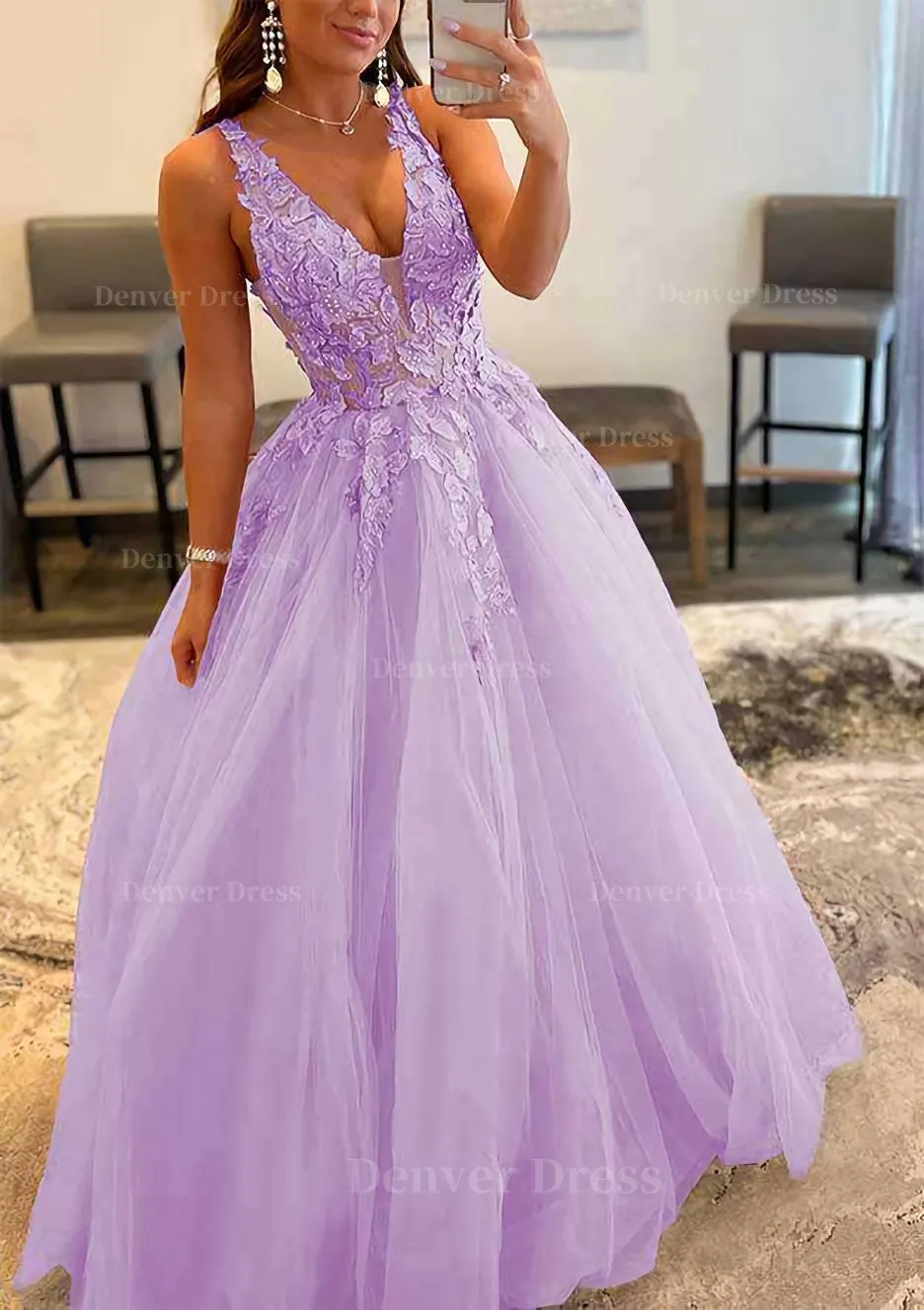 Princess A-line V Neck Sleeveless Sweep Train Tulle Prom Dress With Appliqued Beading