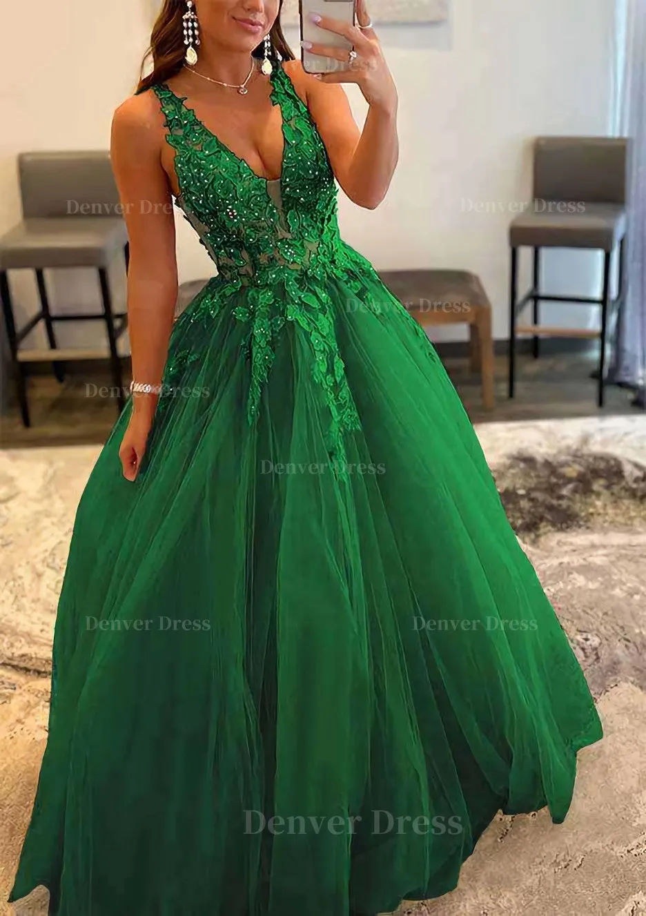 Princess A-line V Neck Sleeveless Sweep Train Tulle Prom Dress With Appliqued Beading