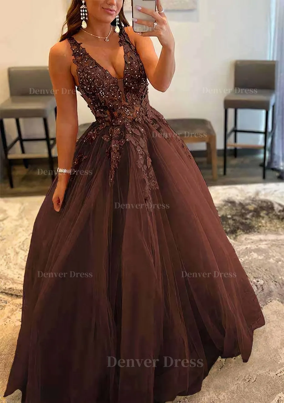 Princess A-line V Neck Sleeveless Sweep Train Tulle Prom Dress With Appliqued Beading