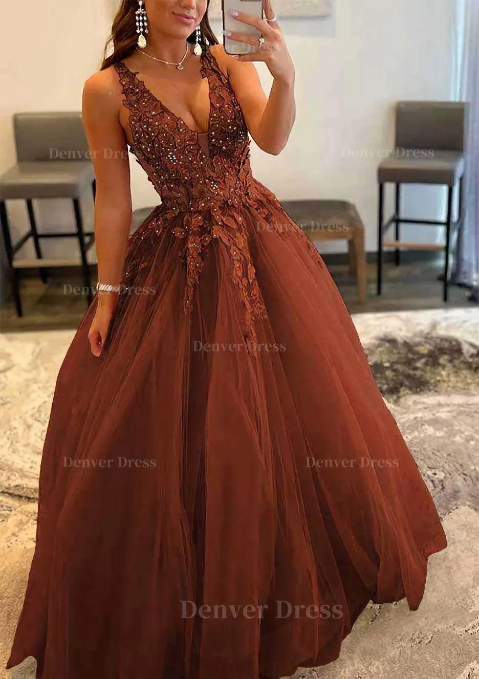 Princess A-line V Neck Sleeveless Sweep Train Tulle Prom Dress With Appliqued Beading