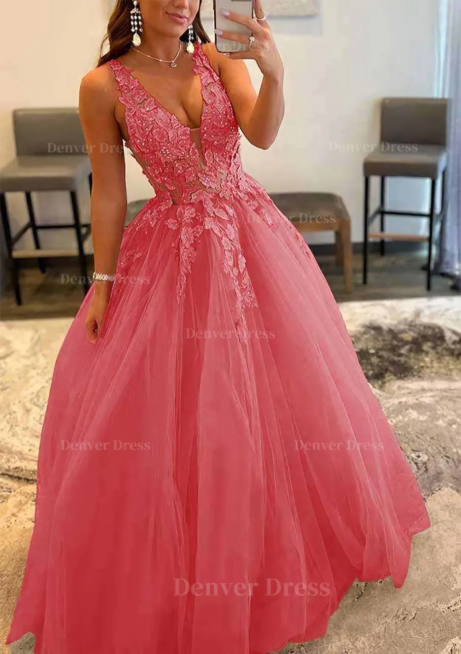 Princess A-line V Neck Sleeveless Sweep Train Tulle Prom Dress With Appliqued Beading