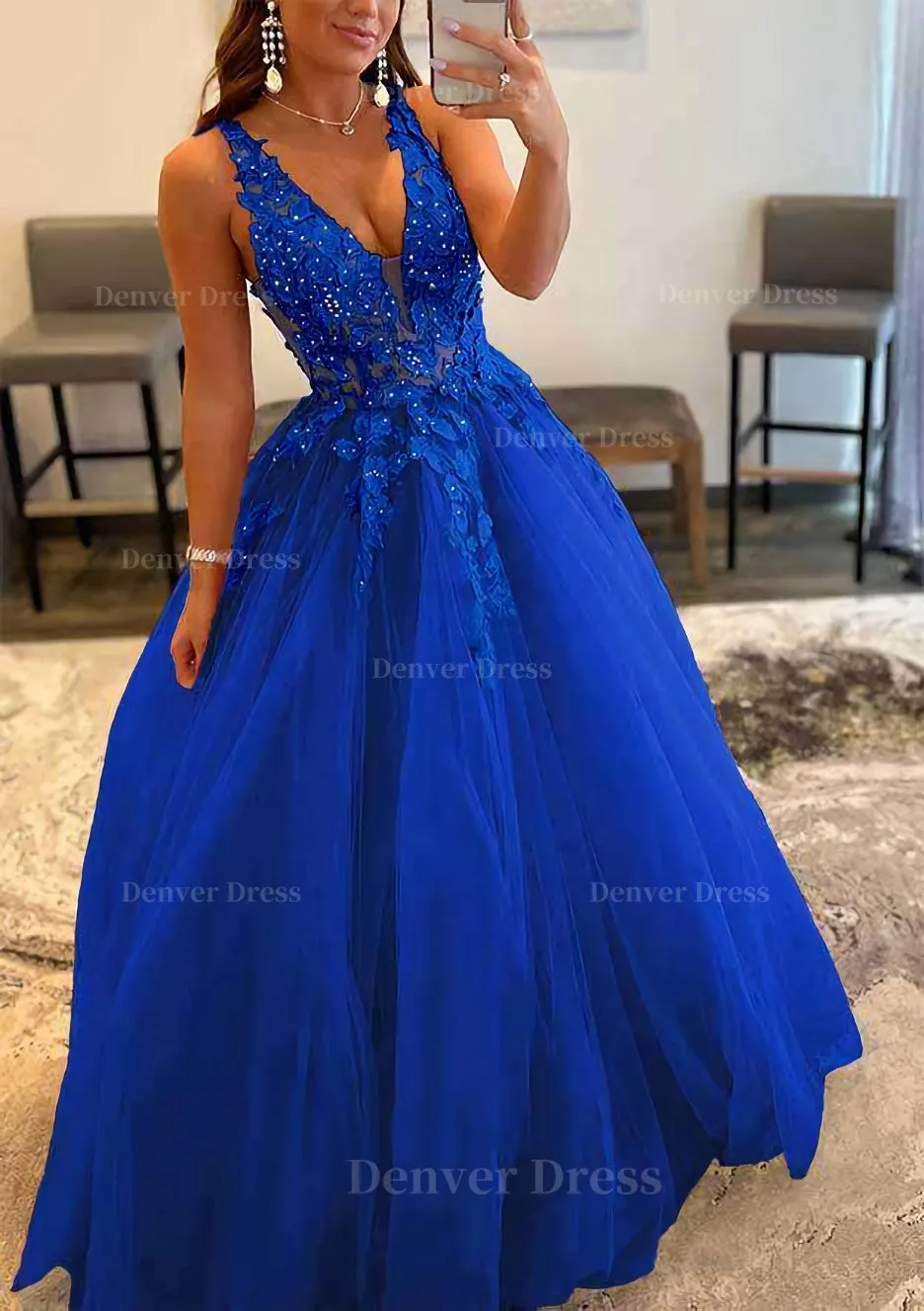 Princess A-line V Neck Sleeveless Sweep Train Tulle Prom Dress With Appliqued Beading