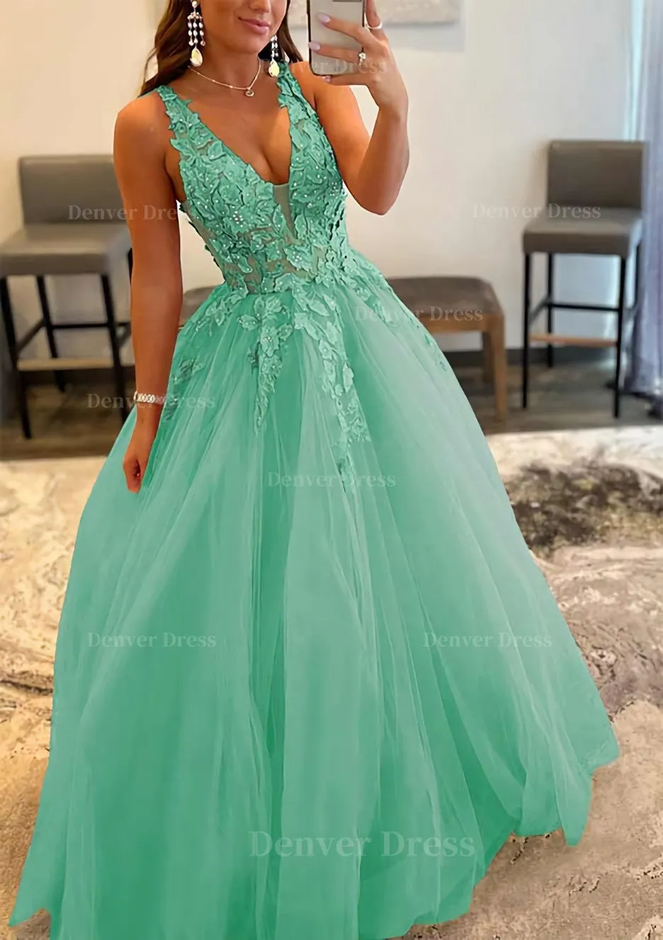 Princess A-line V Neck Sleeveless Sweep Train Tulle Prom Dress With Appliqued Beading