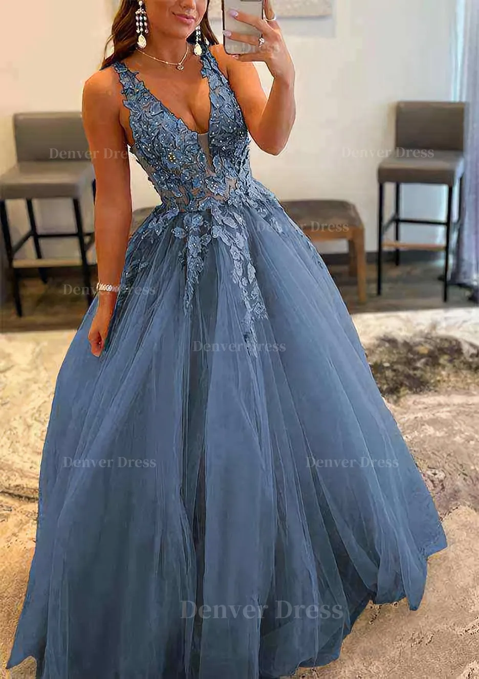 Princess A-line V Neck Sleeveless Sweep Train Tulle Prom Dress With Appliqued Beading