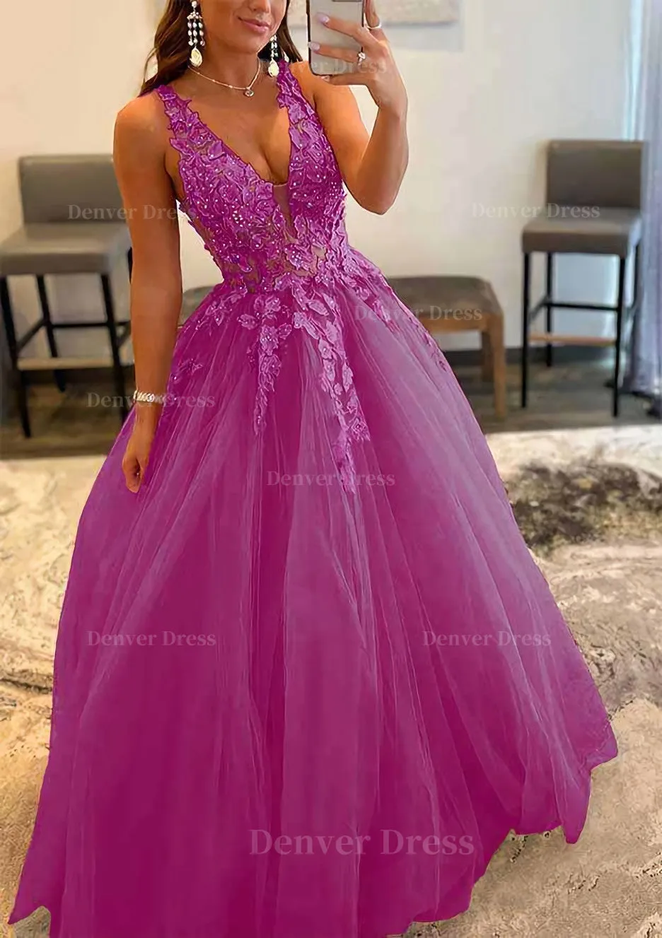 Princess A-line V Neck Sleeveless Sweep Train Tulle Prom Dress With Appliqued Beading