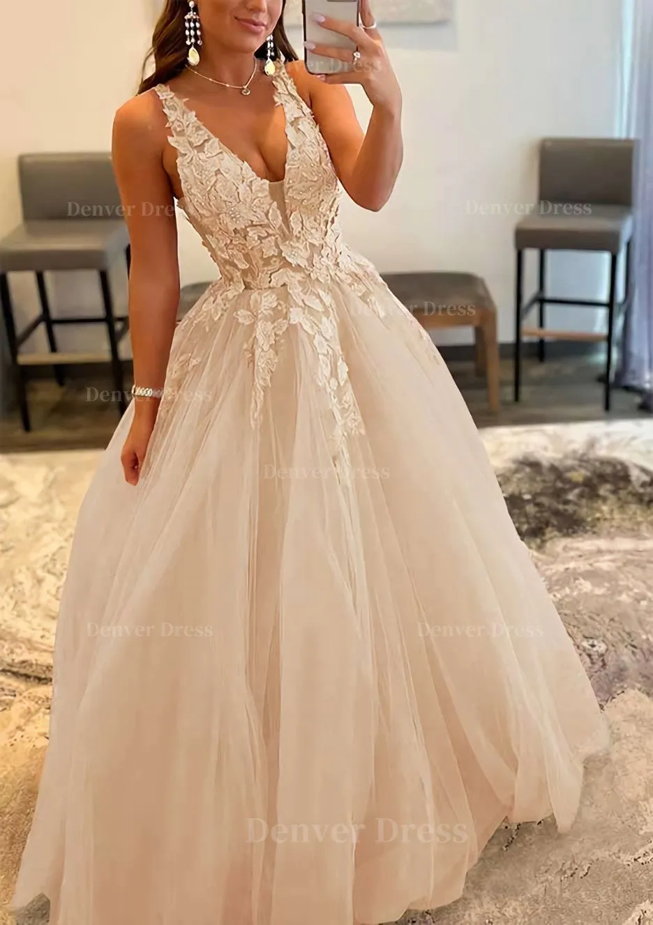 Princess A-line V Neck Sleeveless Sweep Train Tulle Prom Dress With Appliqued Beading
