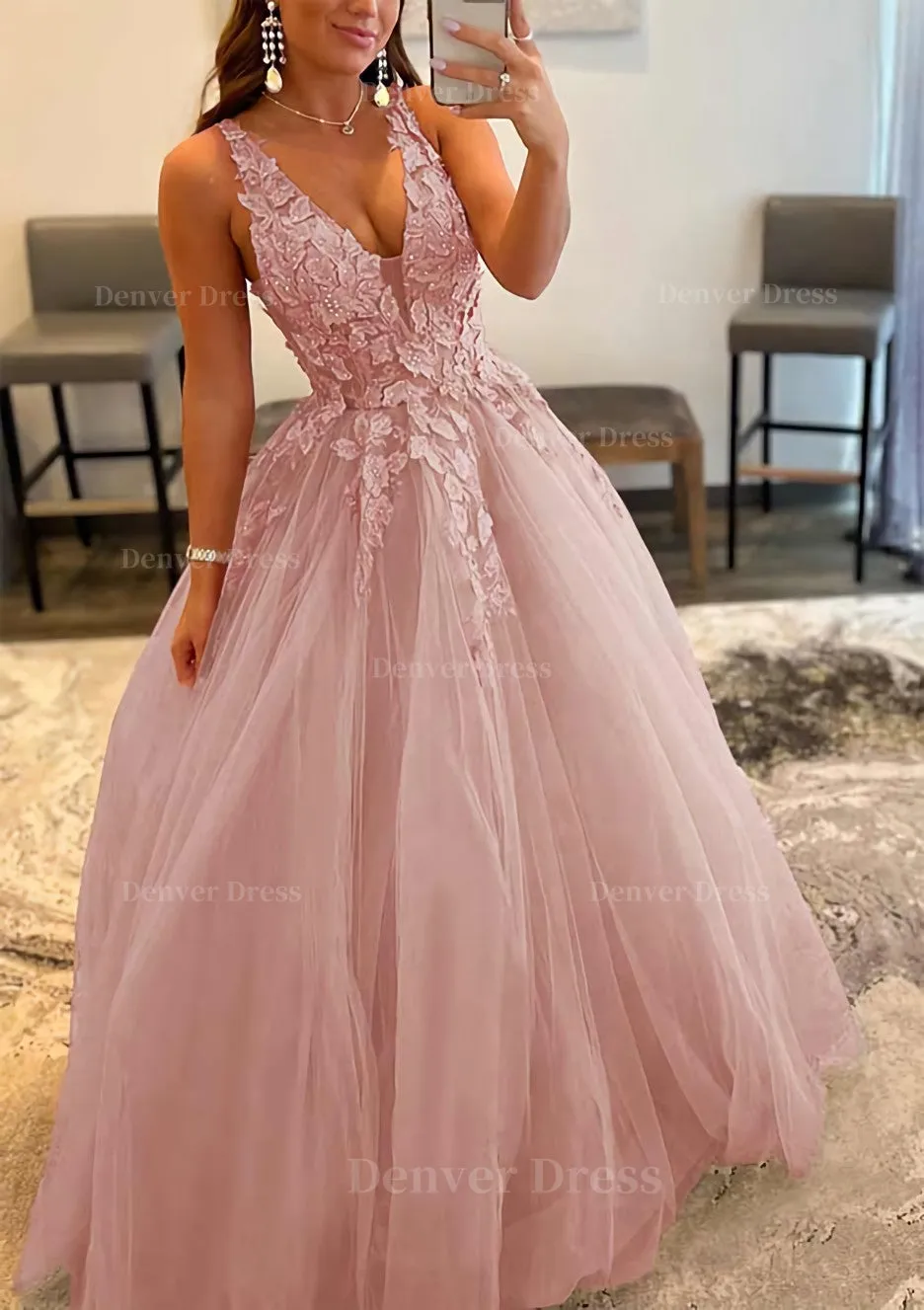 Princess A-line V Neck Sleeveless Sweep Train Tulle Prom Dress With Appliqued Beading