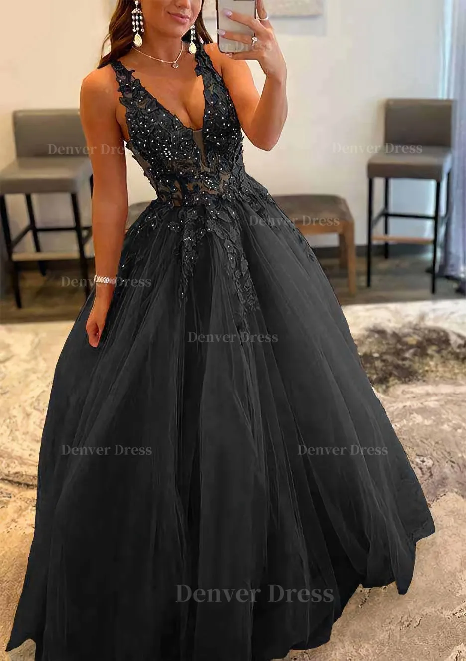 Princess A-line V Neck Sleeveless Sweep Train Tulle Prom Dress With Appliqued Beading