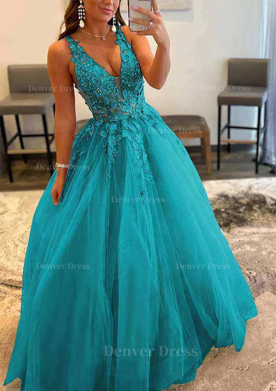 Princess A-line V Neck Sleeveless Sweep Train Tulle Prom Dress With Appliqued Beading