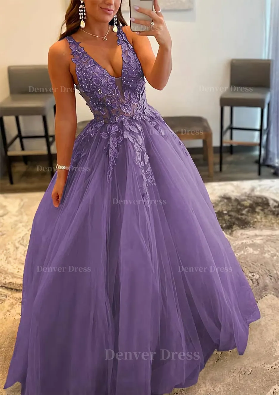 Princess A-line V Neck Sleeveless Sweep Train Tulle Prom Dress With Appliqued Beading