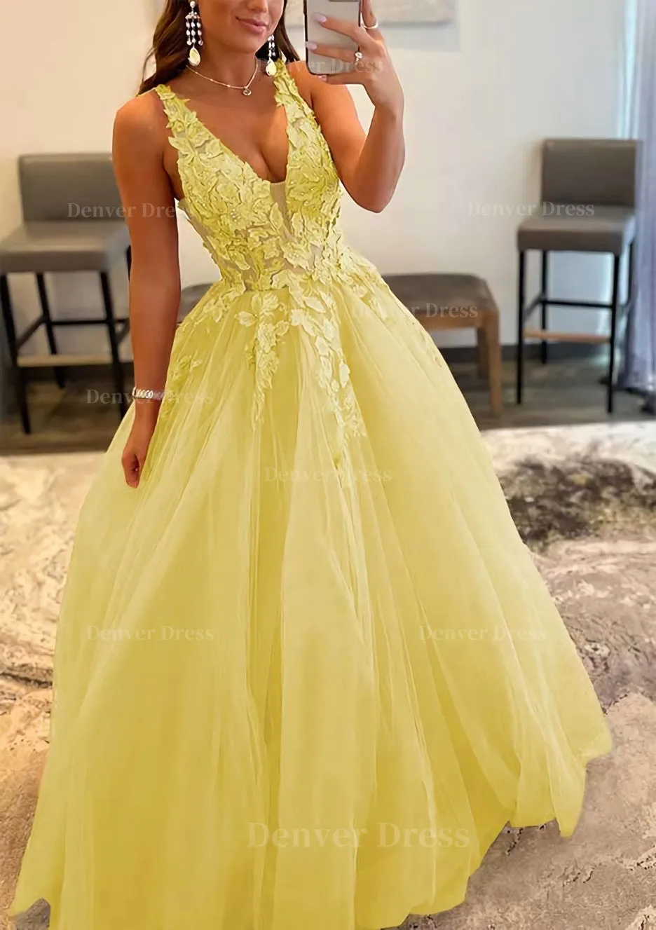 Princess A-line V Neck Sleeveless Sweep Train Tulle Prom Dress With Appliqued Beading