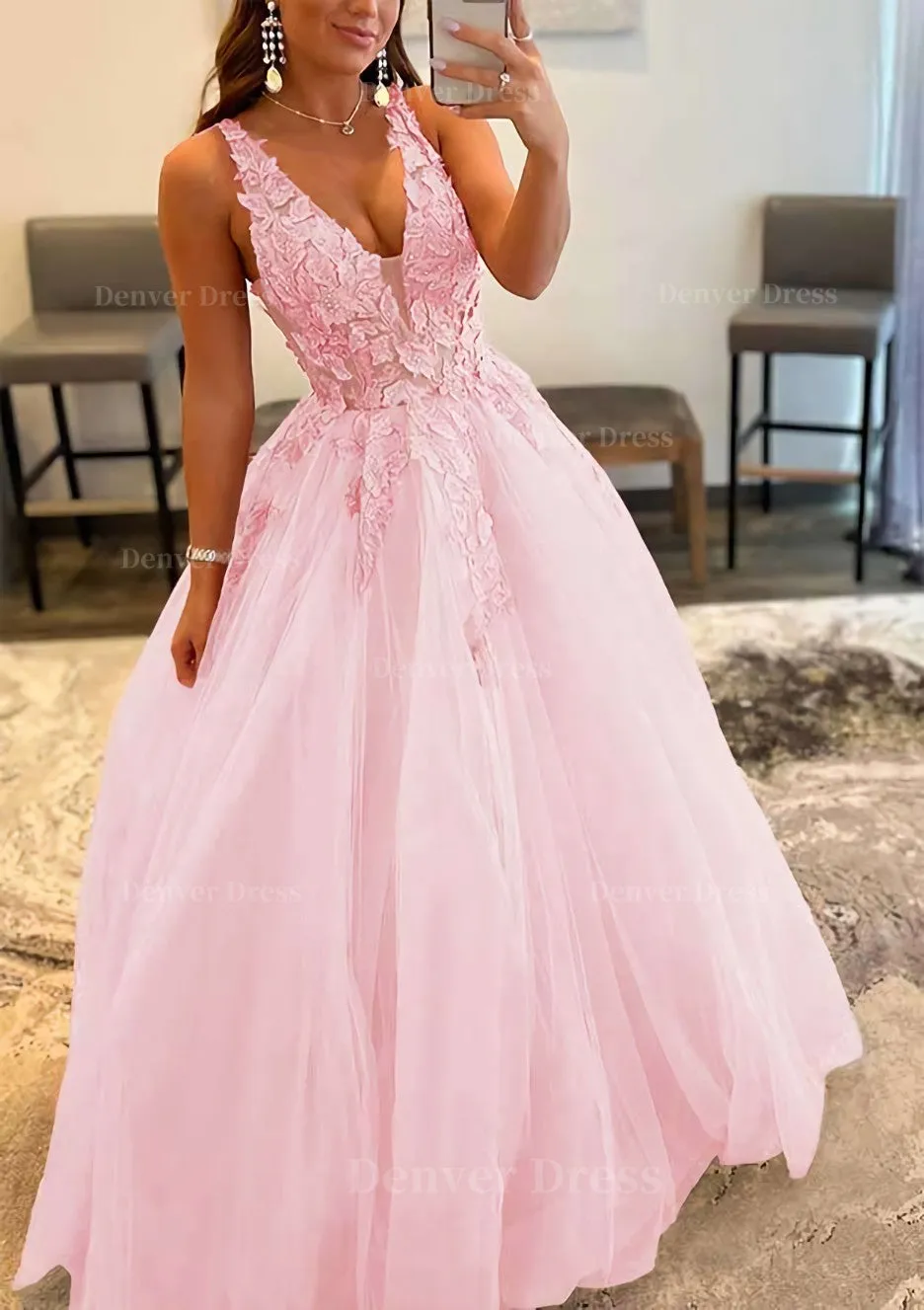 Princess A-line V Neck Sleeveless Sweep Train Tulle Prom Dress With Appliqued Beading