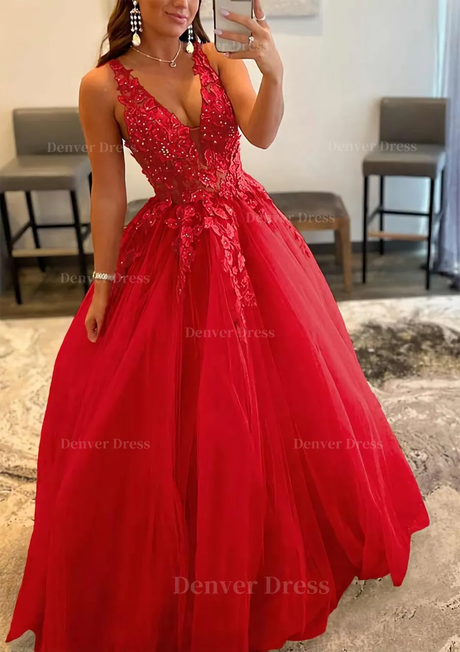 Princess A-line V Neck Sleeveless Sweep Train Tulle Prom Dress With Appliqued Beading