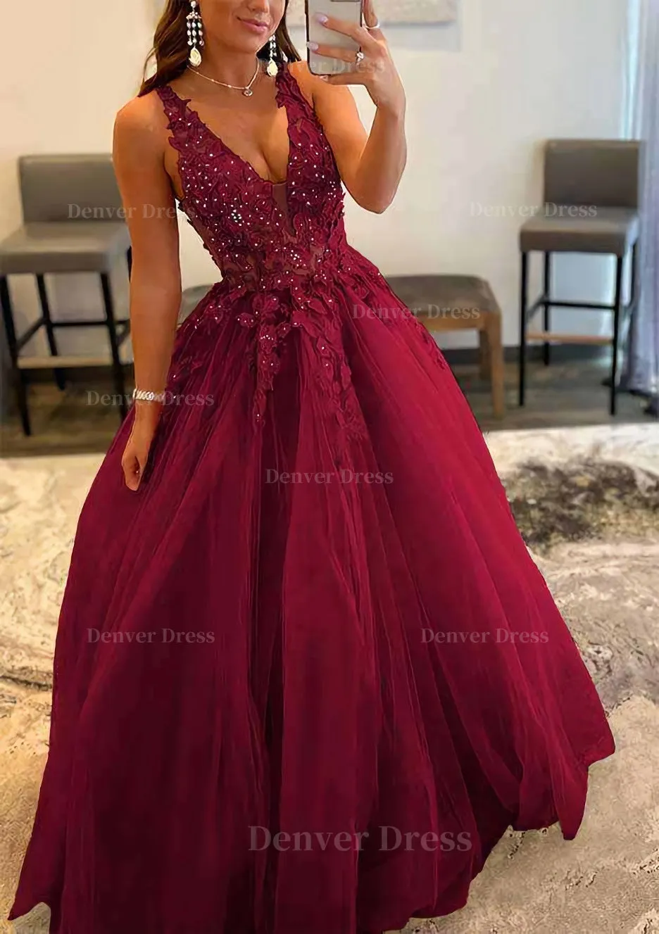 Princess A-line V Neck Sleeveless Sweep Train Tulle Prom Dress With Appliqued Beading