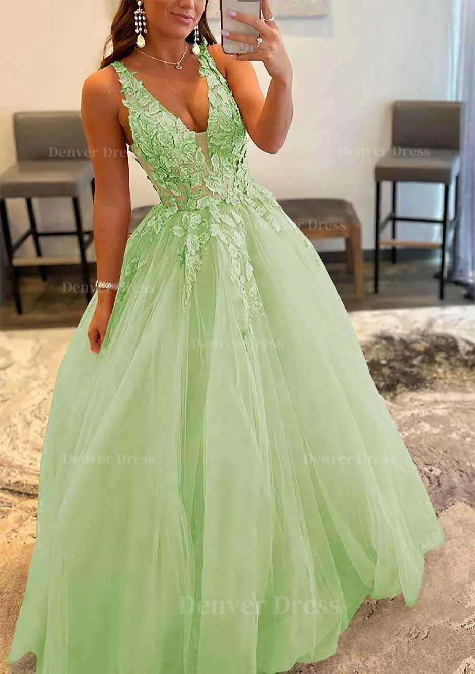 Princess A-line V Neck Sleeveless Sweep Train Tulle Prom Dress With Appliqued Beading