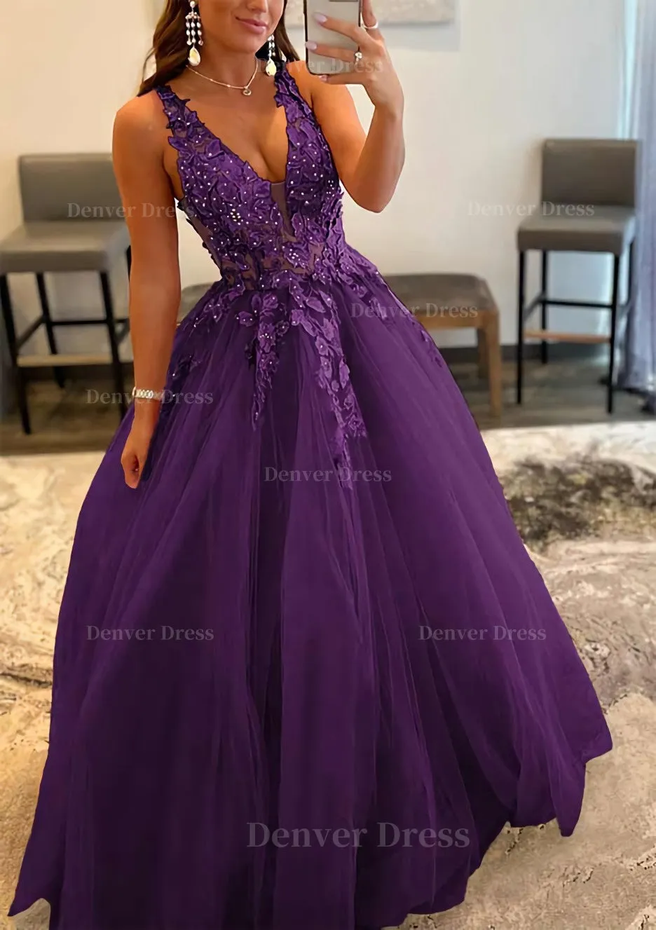 Princess A-line V Neck Sleeveless Sweep Train Tulle Prom Dress With Appliqued Beading