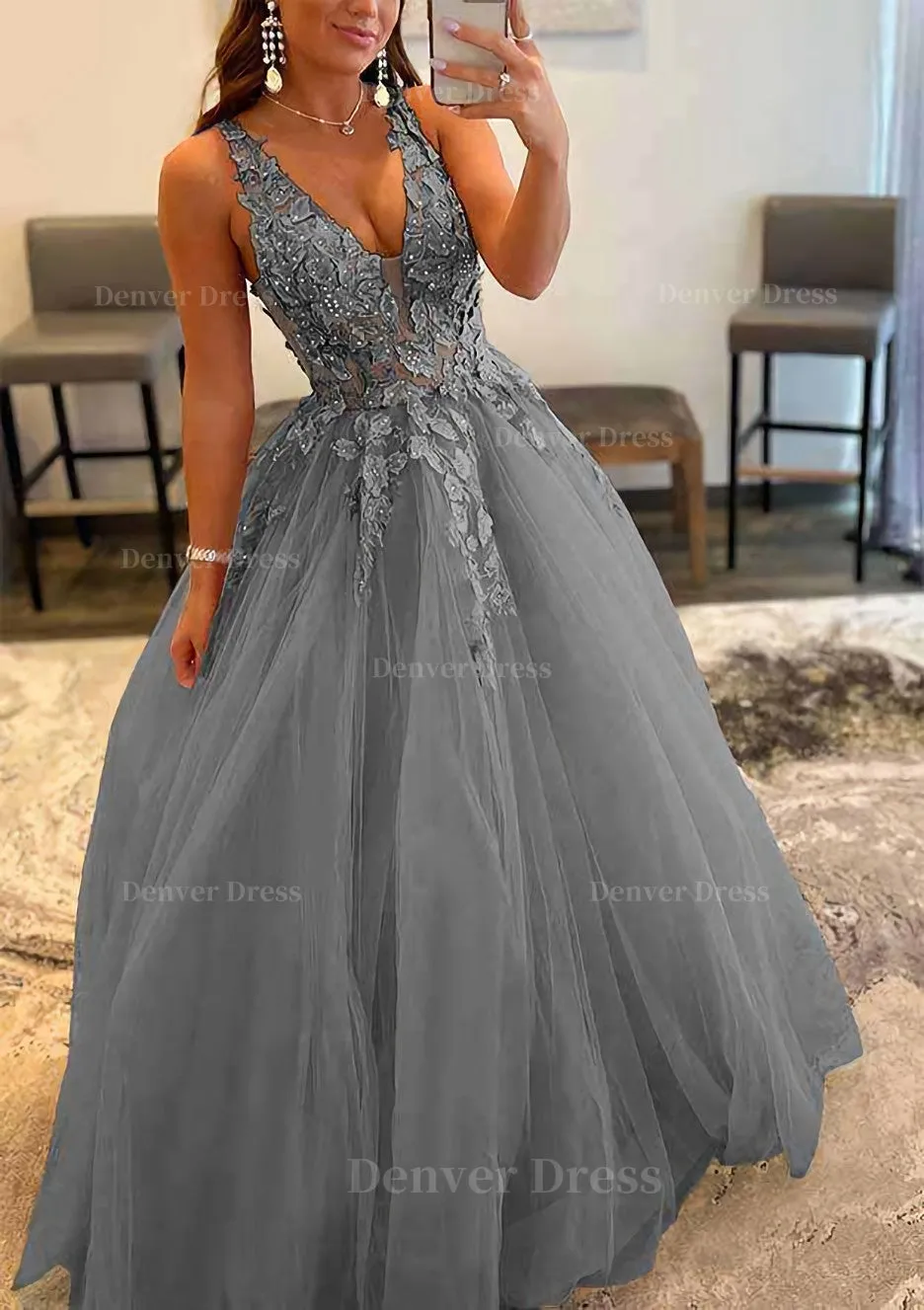 Princess A-line V Neck Sleeveless Sweep Train Tulle Prom Dress With Appliqued Beading