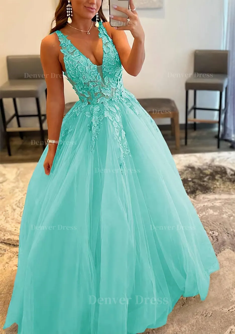 Princess A-line V Neck Sleeveless Sweep Train Tulle Prom Dress With Appliqued Beading
