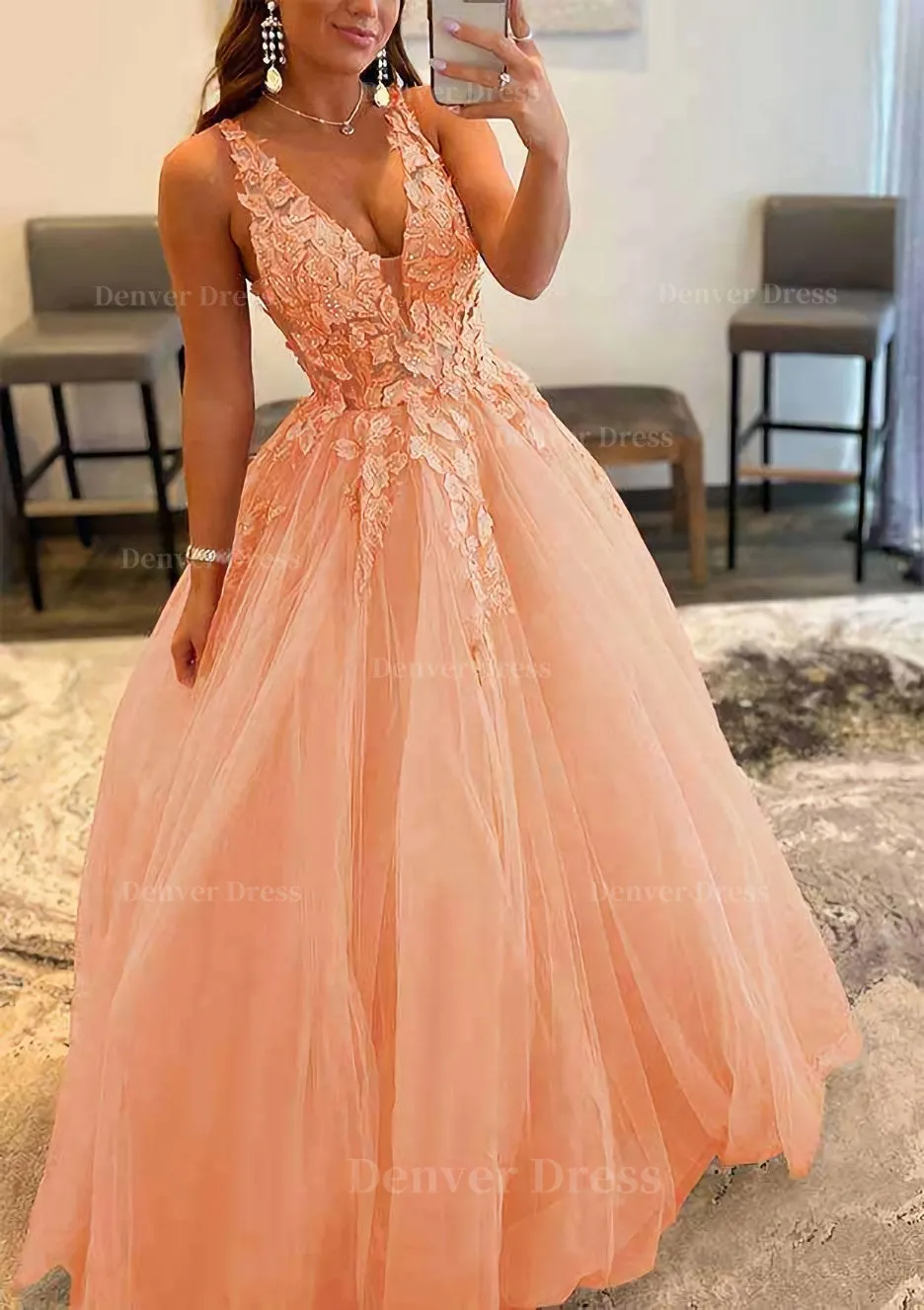 Princess A-line V Neck Sleeveless Sweep Train Tulle Prom Dress With Appliqued Beading